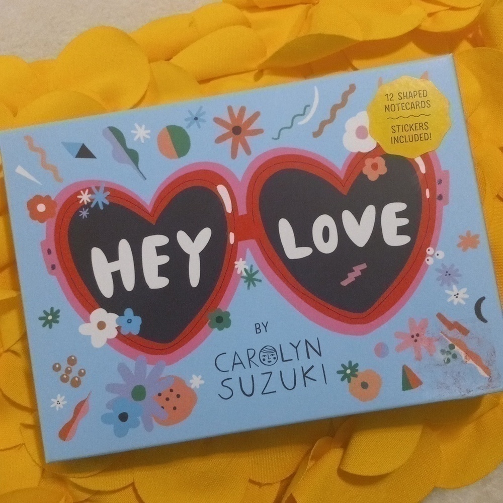 Carolyn Suzuki "Hey Love" 12 Die-Cut Shaped Notecards w/ Stickers NIB